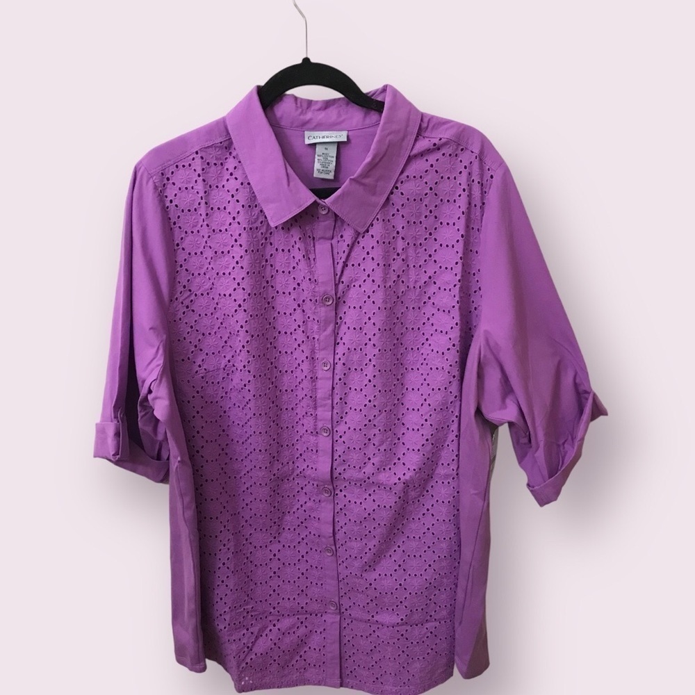 Catherines Womens Cotton Roll Tab Sleeve Eyelet Button Down Stretch Top Size 1X